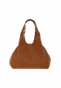 Bolso de mano de piel marrón con superficie texturizada, diseño hobo y dos asas cortas. Presenta una amplia abertura y sin herrajes visibles.