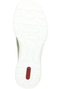 Semelle de chaussure avec flexibilité texturée, matériau en caoutchouc blanc, stries pour traction et un logo "rieker" rouge intégré près du centre.
