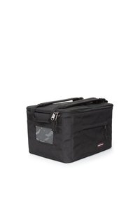 Borsa frigo isolata nera di forma rettangolare, dotata di chiusura con zip, tasca laterale e finestra trasparente; realizzata in tessuto resistente.