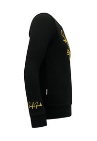 Zwarte sweatshirt met lange mouwen, geribbelde manchetten en zoom. Heeft een gele geborduurde logo op de borst en een kenmerkende detail op de mouw.