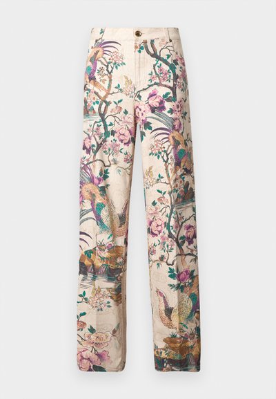 Pantalons larges à motifs beige, ornés de dessins colorés de fleurs et d'oiseaux. Fabriqués en tissu texturé avec fermeture à bouton à l'avant.