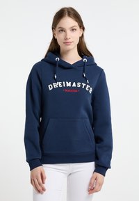 Felpa blu navy in misto cotone, dotata di una tasca frontale, cappuccio con cordino e testo ricamato "DREIMASTER MARITIM" in bianco e rosso.