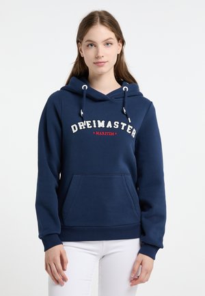 Felpa blu navy in misto cotone, dotata di una tasca frontale, cappuccio con cordino e testo ricamato "DREIMASTER MARITIM" in bianco e rosso.