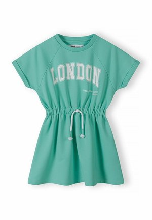 Türkisfarbenes Kurzarmkleid mit elastischem Bund und weißem Kordelzug, mit weißem "LONDON"-Schriftzug auf der Brust.