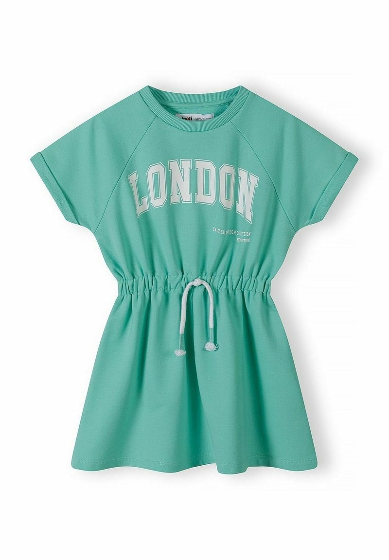Robe turquoise à manches courtes avec taille élastique et cordon blanc, avec le texte blanc "LONDON" sur la poitrine.