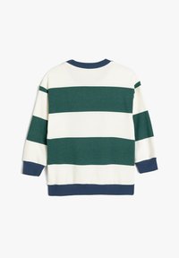 Grön- och vitrandig sweatshirt med en marinblå ribbad rundhals och mudd. Mjuk, medelviktig material. Casual passform, långa ärmar.