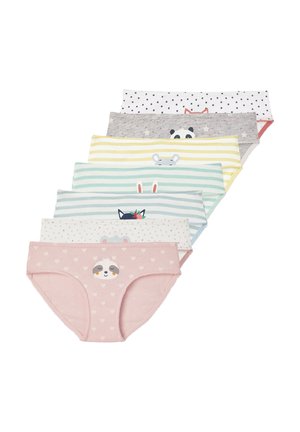 Sieben Paare Baumwollunterwäsche in verschiedenen Farben und Mustern, mit tierischen Druckmotiven und Herzmotiven.