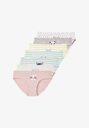 Sieben Paare Baumwollunterwäsche in verschiedenen Farben und Mustern, mit tierischen Druckmotiven und Herzmotiven.