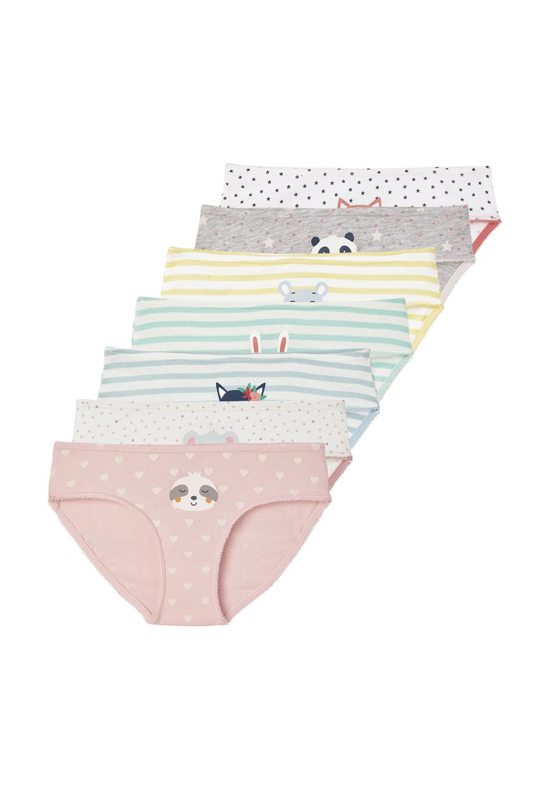 Sieben Paare Baumwollunterwäsche in verschiedenen Farben und Mustern, mit tierischen Druckmotiven und Herzmotiven.