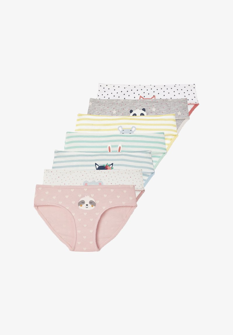 Sieben Paare Baumwollunterwäsche in verschiedenen Farben und Mustern, mit tierischen Druckmotiven und Herzmotiven.