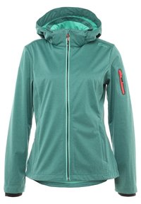 Grön zip-up jacka med huva, som har en mjuk textur. Inkluderar en kontrasterande dragkedja och en sidoficka med en röd dragkedjedetalj.