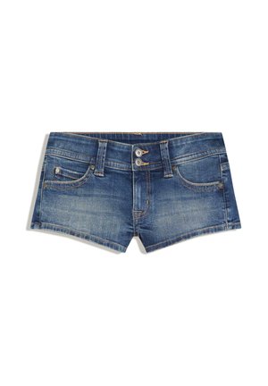 Denim shorts made of blue fabric, featuring a fitted shape, two front pockets, and a button closure with contrasting stitching details.
