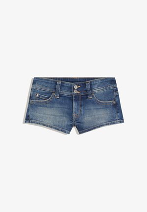 Denim shorts made of blue fabric, featuring a fitted shape, two front pockets, and a button closure with contrasting stitching details.