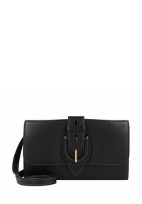 Sac à main en cuir noir avec une surface texturée, dot�é d'un fermoir en ton doré et d'une bandoulière amovible. Les détails de couture accentuent le design.