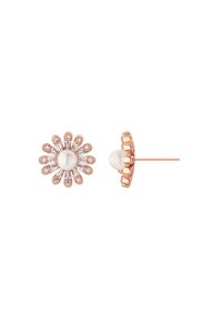 Orecchini a forma di fiore in oro rosa con una perla centrale, circondata da accenti scintillanti. Texture liscia con finitura lucida.