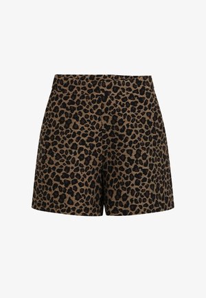 Pavienos rašto šortai su prigludusia forma, plačiu juosmeniu ir lygiu paviršiumi rudos ir juodos spalvos atspalvių.