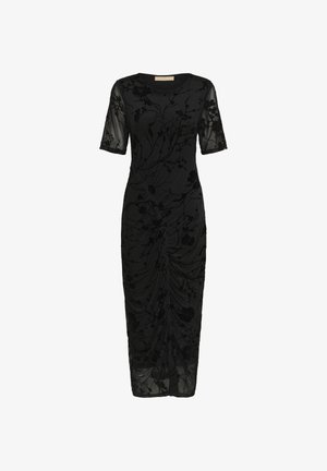 Zwarte jurk met korte doorschijnende mouwen, bloemenpatroon, geplooide lijfje, knielange zoom, gemaakt van lichtgewicht stof, gladde textuur.