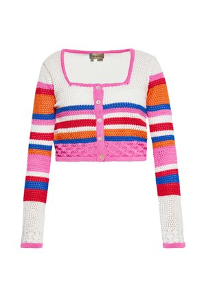 Cardigan cropped all'uncinetto con maniche lunghe in bianco, rosa, rosso, arancione e blu a righe orizzontali, chiusura frontale con bottoni e scollatura quadrata.
