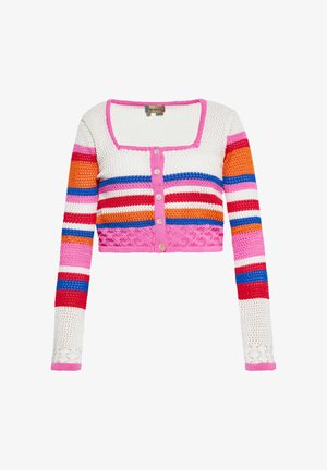 Horgolt, rövid fazonú kardigán hosszú ujjakkal, fehér, rózsaszín, piros, narancssárga és kék vízszintes csíkokkal, gombos elülső résszel és négyzet alakú dekoltázzsal.
