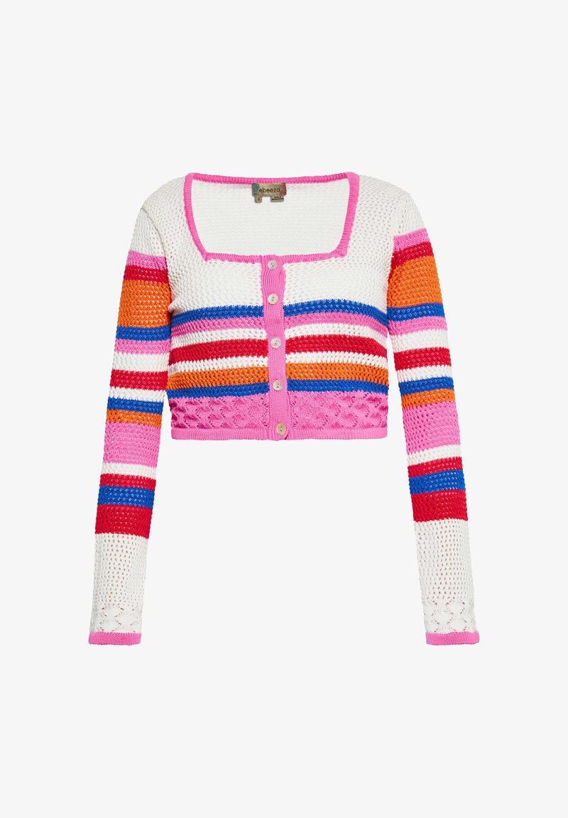 Crochetová zkrácená kardigánová bunda s dlouhými rukávy v bílé, růžové, červené, oranžové a modré horizontální pruhy, vpředu na knoflíky a s čtvercovým výstřihem.