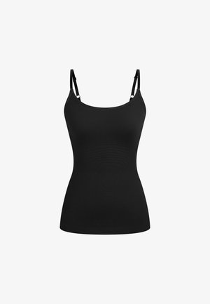 Zwart hemdje gemaakt van glad, rekbaar materiaal. Heeft dunne verstelbare bandjes en een aansluitende pasvorm met een ronde halslijn.