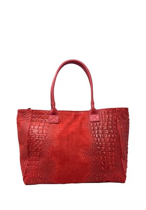 Borsa tote in pelle rossa con pannelli effetto coccodrillo e doppi manici lisci, forma rettangolare e chiusura con zip sulla parte superiore.