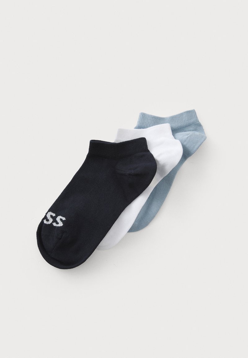 Três pares de meias curtas até ao tornozelo nas cores azul-marinho, branco e azul-claro. Material em mistura de algodão, textura ribbed, com logótipo na meia preta.