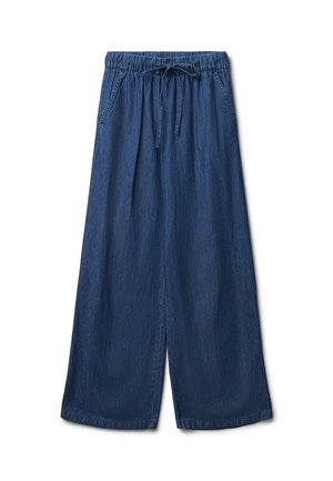 Pantaloni in denim a gamba larga di colore blu scuro con vita elastica e coulisse. Dotati di tasche laterali e una vestibilità rilassata e ampia.