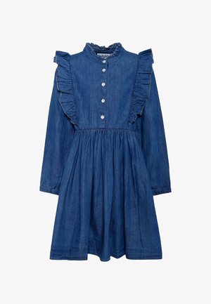 Abito in denim con maniche lunghe, colletto arricciato e dettagli sulle spalle, apertura con bottoni e vita arricciata. Tessuto blu ricco in tutta la superficie.