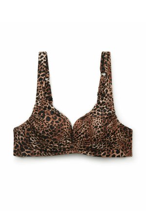 Bikini-Oberteil mit Leopardenmuster, verstellbaren Schulterriemen und gerafftem Stoffdetail in der vorderen Mitte.