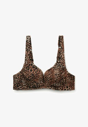Bikini-Oberteil mit Leopardenmuster, verstellbaren Schulterriemen und gerafftem Stoffdetail in der vorderen Mitte.