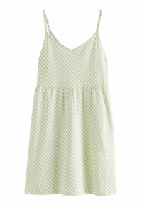Vihreä mekko, jossa on ruudullinen kuvio, olkaimeton malli ja tiukka vartalonmyötäinen yläosa, joka siirtyy levenevään hameeseen.