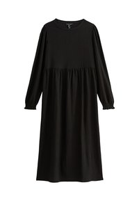 Vestido negro de manga larga, hecho de una tela texturizada, con un escote redondo y cintura fruncida. Presenta puños elásticos y un corte holgado.