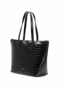 Czarna torba tote z tłoczeniem w kształt krokodyla, z dwiema długimi rączkami, z suwakiem, prostokątnym kształtem, gładką teksturą i złotym akcentem.