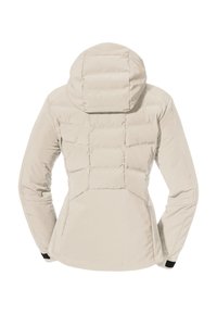 Giacca puffer beige chiaro con forma aderente, sezioni trapuntate orizzontali, un cappuccio e accenti neri sui polsini e sull'orlo.