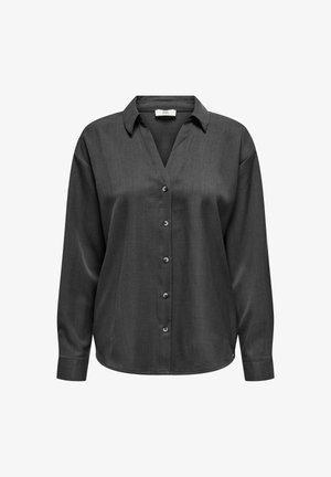 Chemise boutonnée grise foncée avec un col en V, des manches longues et une texture lisse. Dotée de six boutons à l'avant et d'une coupe décontractée.