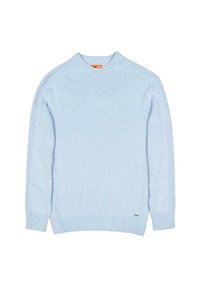 Hellblaue gestrickte Sweater mit Rundhalsausschnitt, gerippten Bündchen und Saum, mit subtiler Textur und einem kleinen Logodetail am Saum.