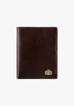 Brown leather wallet, smooth texture, rectangular shape, gold-tone logo accent, neat stitching along edges, minimalistic design.
