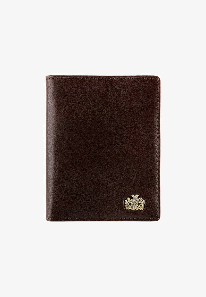 Brauner Leder Geldbeutel, glatte Textur, rechteckige Form, Logo-Akzent in Goldfarbe, sauberes Nähen entlang der Kanten, minimalistische Gestaltung.