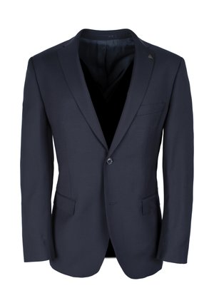 Granatowa marynarka wykonana z gładkiego materiału, z klapami w kształcie notcha, pojedynczym zapięciem na guzik z przodu oraz dwiema bocznymi kieszeniami. Dyskretne akcenty logo na klapie.