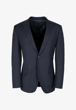 Granatowa marynarka wykonana z gładkiego materiału, z klapami w kształcie notcha, pojedynczym zapięciem na guzik z przodu oraz dwiema bocznymi kieszeniami. Dyskretne akcenty logo na klapie.