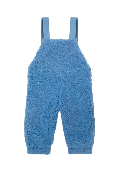 Salopette bleue en peluche pour tout-petits, avec de larges bretelles et des poignets élastiques, fabriquée en tissu doux et texturé pour la chaleur et le confort.