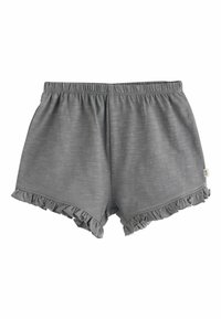 Shorts à taille élastique grise avec ourlets à volants, confectionnés dans un tissu doux, adaptés à un usage décontracté.