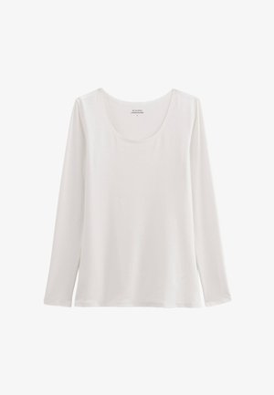 Chemise blanche à manches longues avec encolure ronde, en tissu doux, taille petite, présentée sur un fond uni.