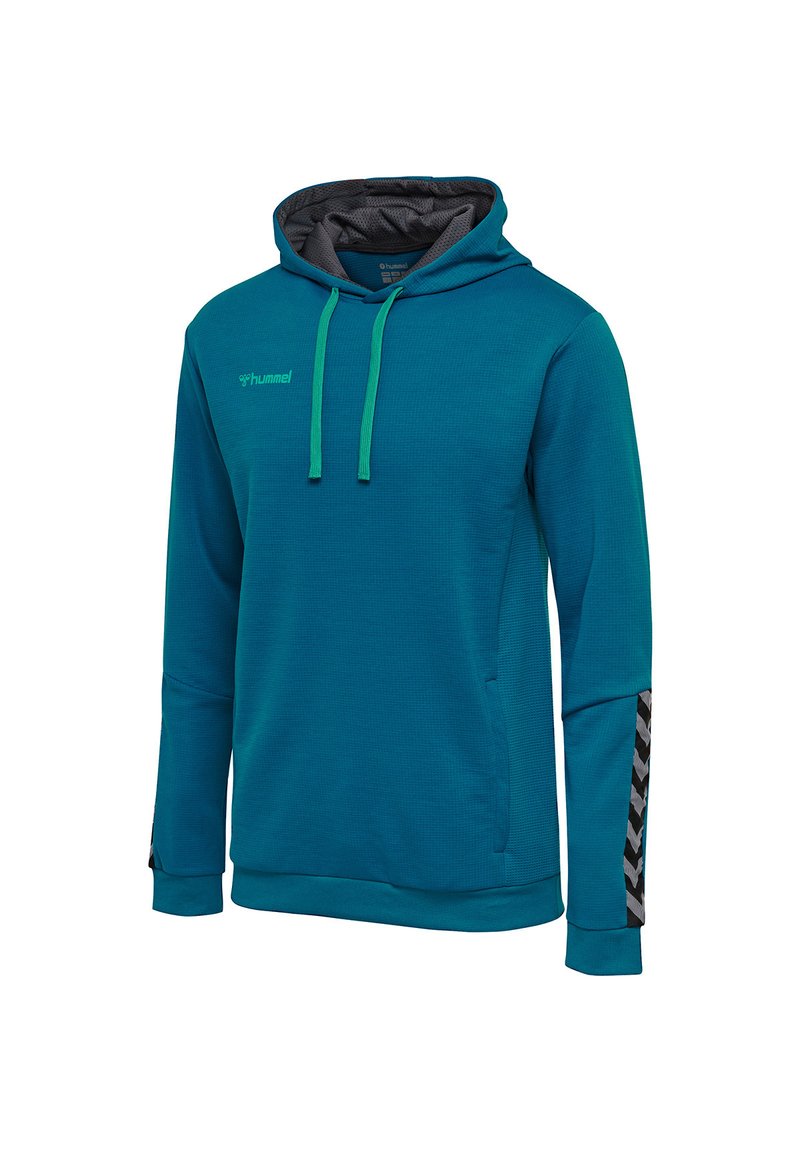 Teal hoodie van gestructureerde stof, met een trekkoordcapuchon, lange mouwen en een zwart-wit patroonaccent op de mouw.