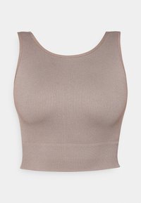 Light brown ribbed crop top with a rounded neckline and a fitted design. Smooth texture and seamless edges for a snug fit.