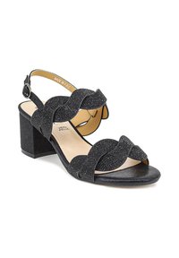 Sandali neri con tacco e superiore testurizzato e luccicante, caratterizzati da cinturini ondulati. Parte posteriore chiusa con fibbia regolabile. Tacco grosso.