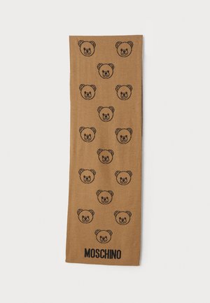 Brown scarf featuring repeated black bear face designs, with "MOSCHINO" printed in black at the bottom. Soft texture and rectangular shape.