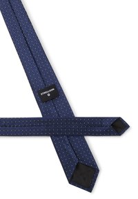 Marineblaue Krawatte mit strukturiertem Karomuster, texturiertem Stoff und einem schwarzen Etikett mit "Strellson." Leichter Glanz. An den Enden schräg geschnitten.