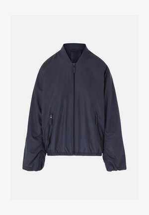 Dark navy bomber jacket with front zipper, zippered side pockets, elastic hem, and lightly ruched long sleeves.